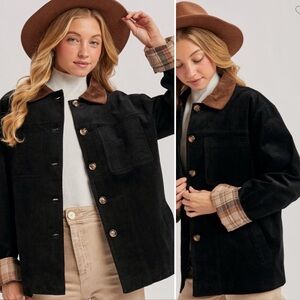 Boutique Cotton Corduroy Button Up Cabincore Barn Jacket Black Large NWT